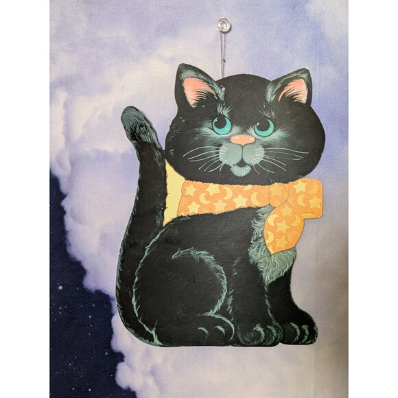 Vintage Eureka Black Cat Halloween Die Cut 9.5x13" Moon Star Bow Retro Decor - Picture 1 of 7